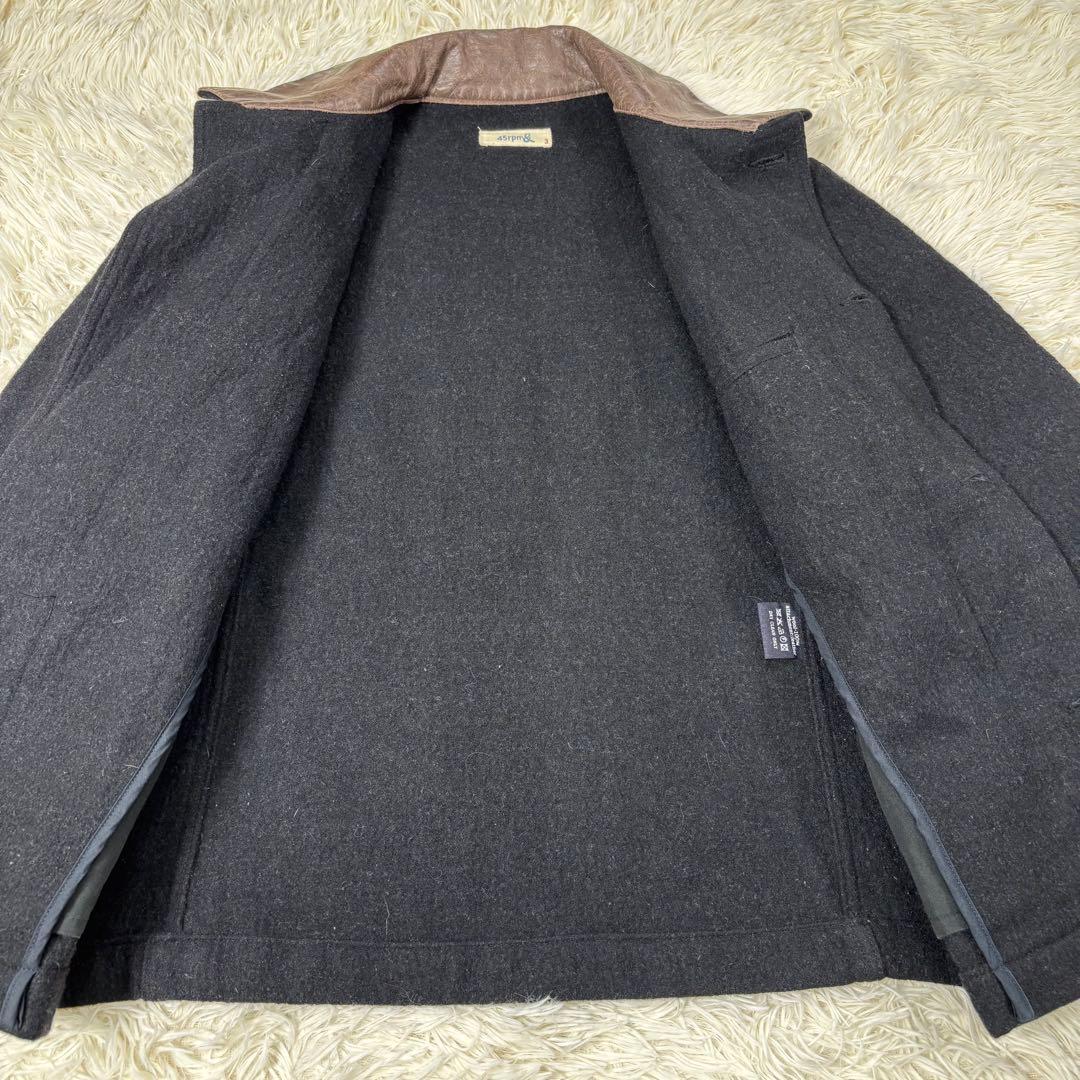 45RPM ウールジャケット 襟レザー 異素材切り替え ブラック Lサイズ
