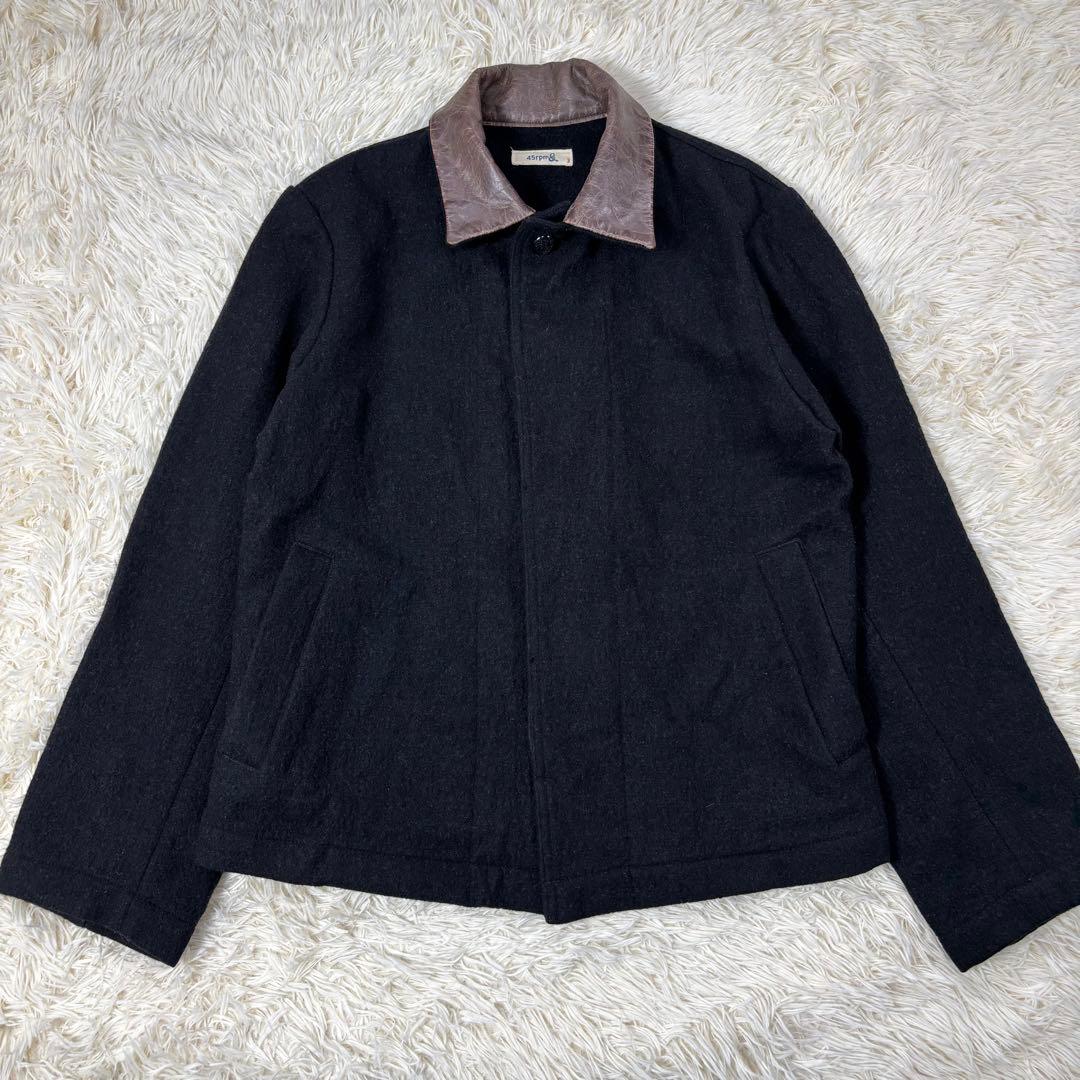 45RPM ウールジャケット 襟レザー 異素材切り替え ブラック Lサイズ