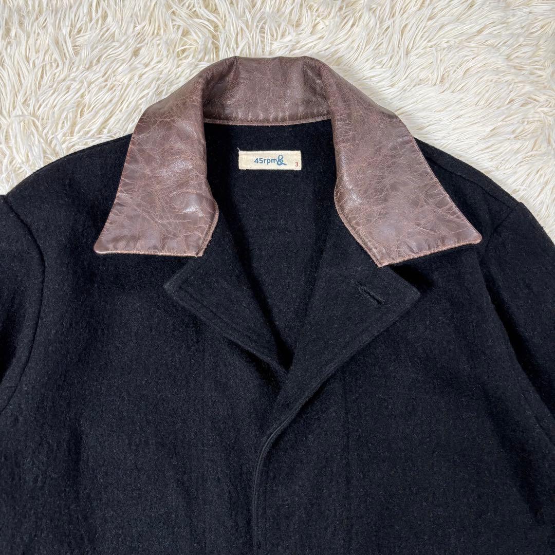 45RPM ウールジャケット 襟レザー 異素材切り替え ブラック Lサイズ