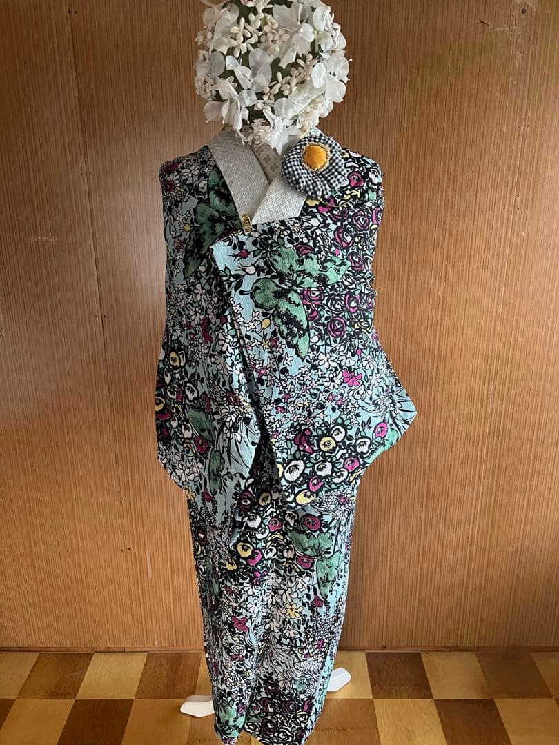 5905◆アンティーク長襦袢水色アールヌーボー薔薇と蝶々おしゃれ洋風modern