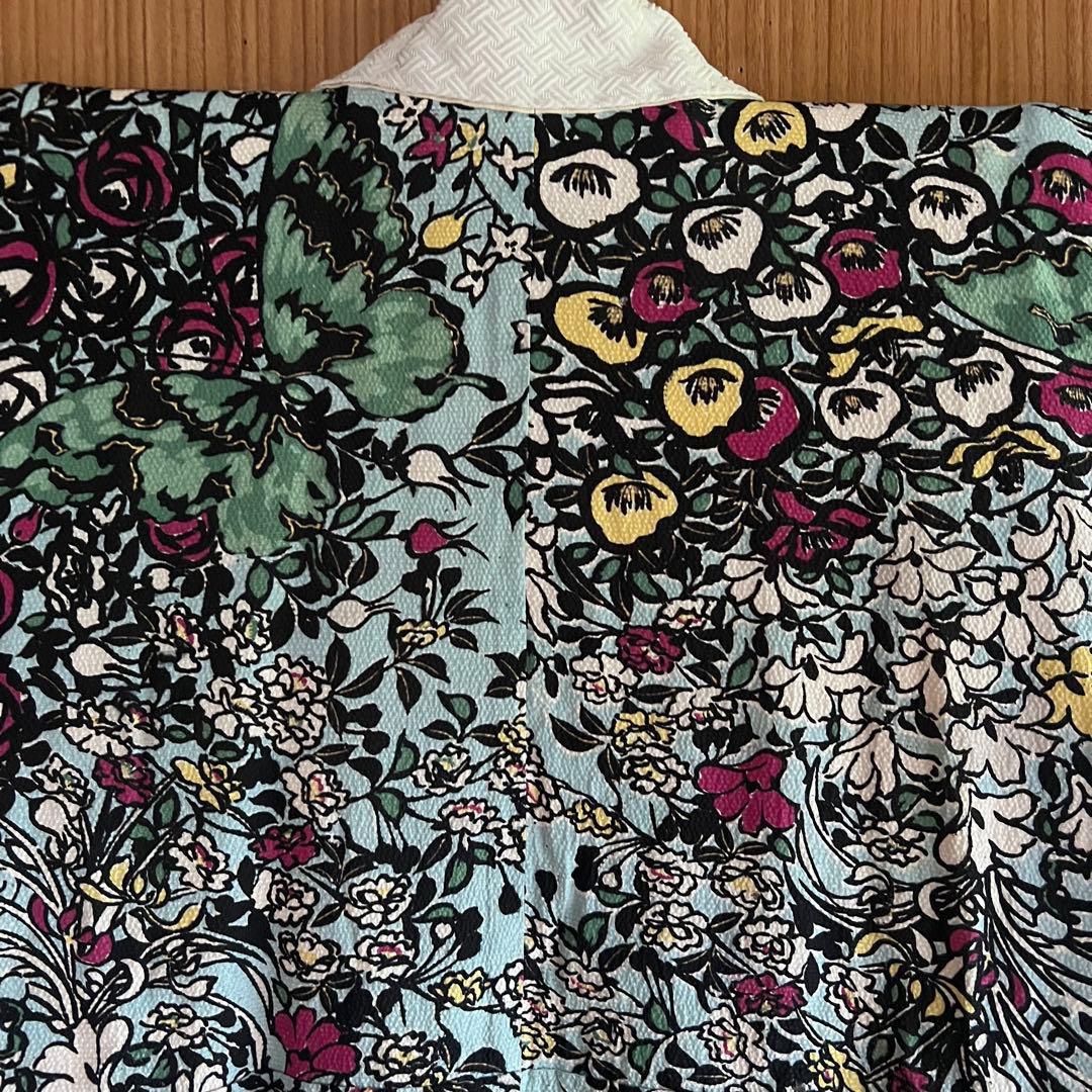 5905◆アンティーク長襦袢水色アールヌーボー薔薇と蝶々おしゃれ洋風modern