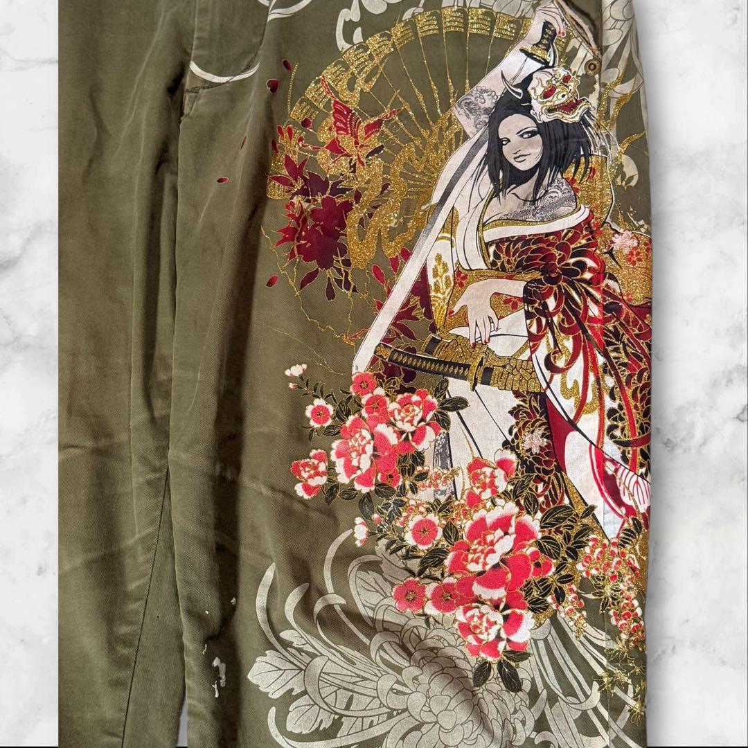 【Y2K】絡繰魂 抜刀娘 般若面 和柄 カーゴパンツ カーキW36