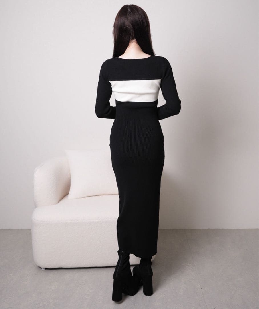 LIP SERVICE デコルテオープンバイカラーリボンニットワンピース