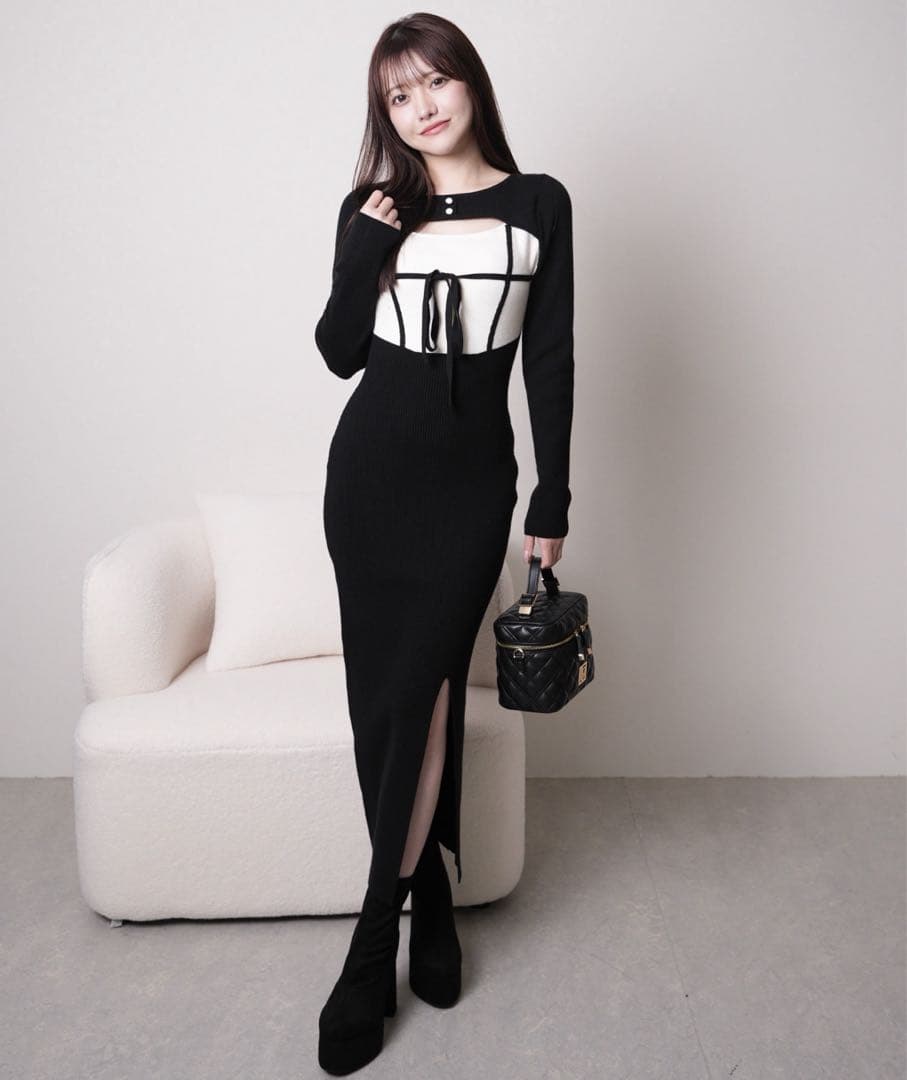 LIP SERVICE デコルテオープンバイカラーリボンニットワンピース