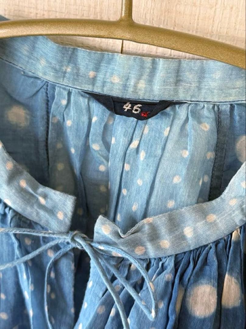 45R 藍コットンシルク　水玉ノースリーブドレス　フリーサイズ