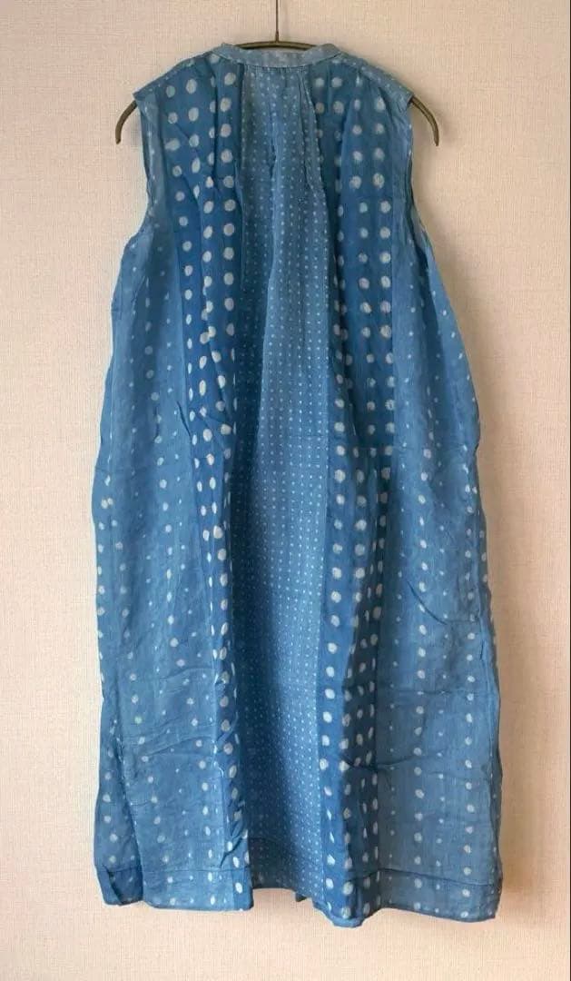 45R 藍コットンシルク　水玉ノースリーブドレス　フリーサイズ
