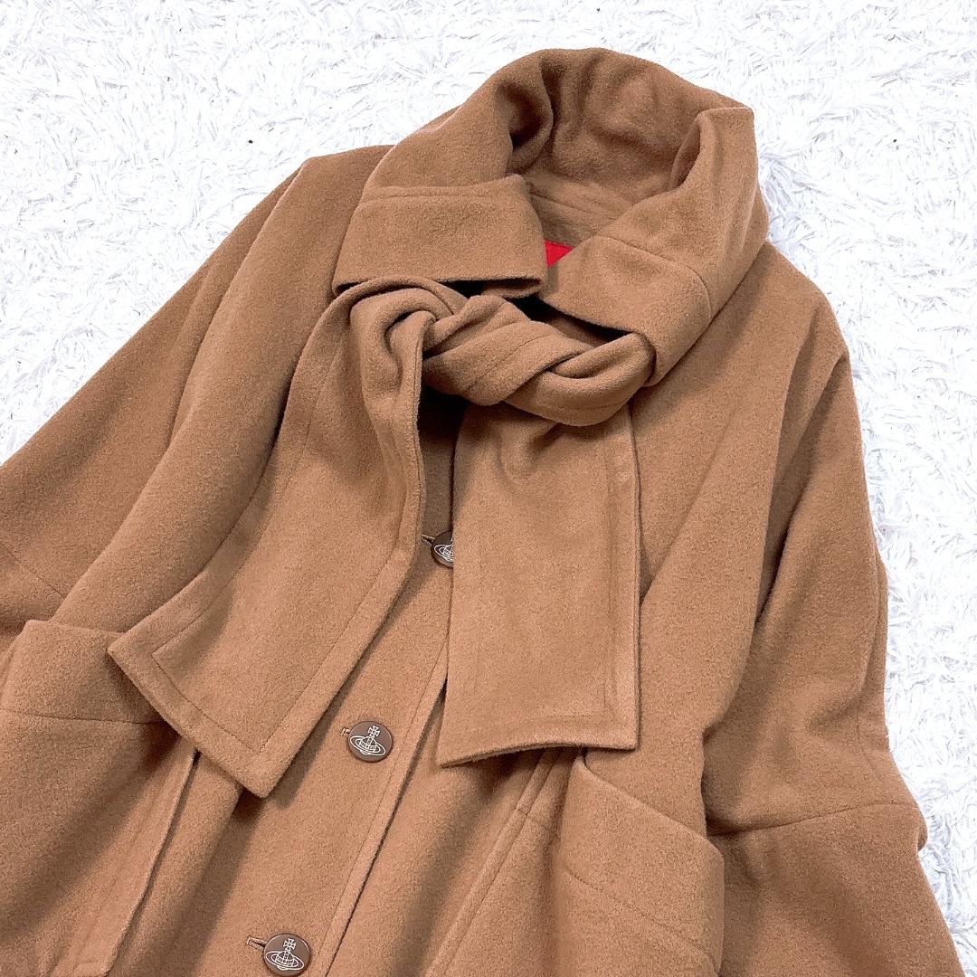 【美品】ヴィヴィアン マフラー付ウールコート スーパーワイド キャメル オーブ釦