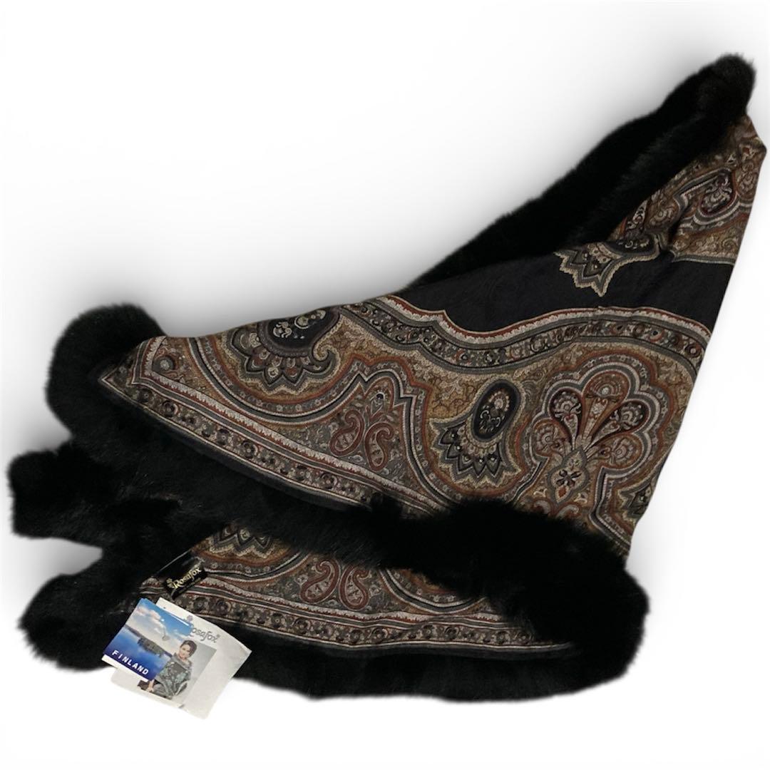 ファー　ショール　ストール　黒　ペイズリー柄　ウール　シルク混　フォックス　大判