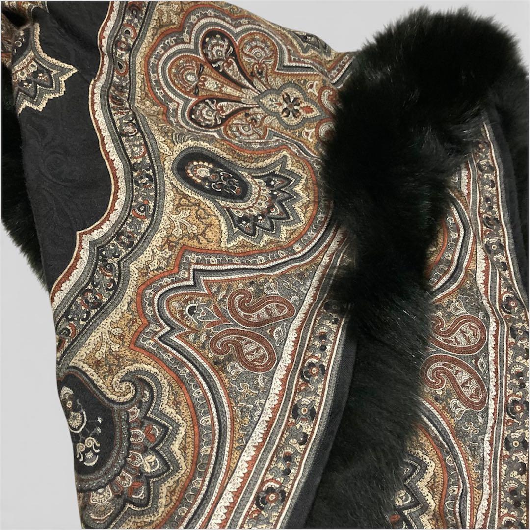 ファー　ショール　ストール　黒　ペイズリー柄　ウール　シルク混　フォックス　大判