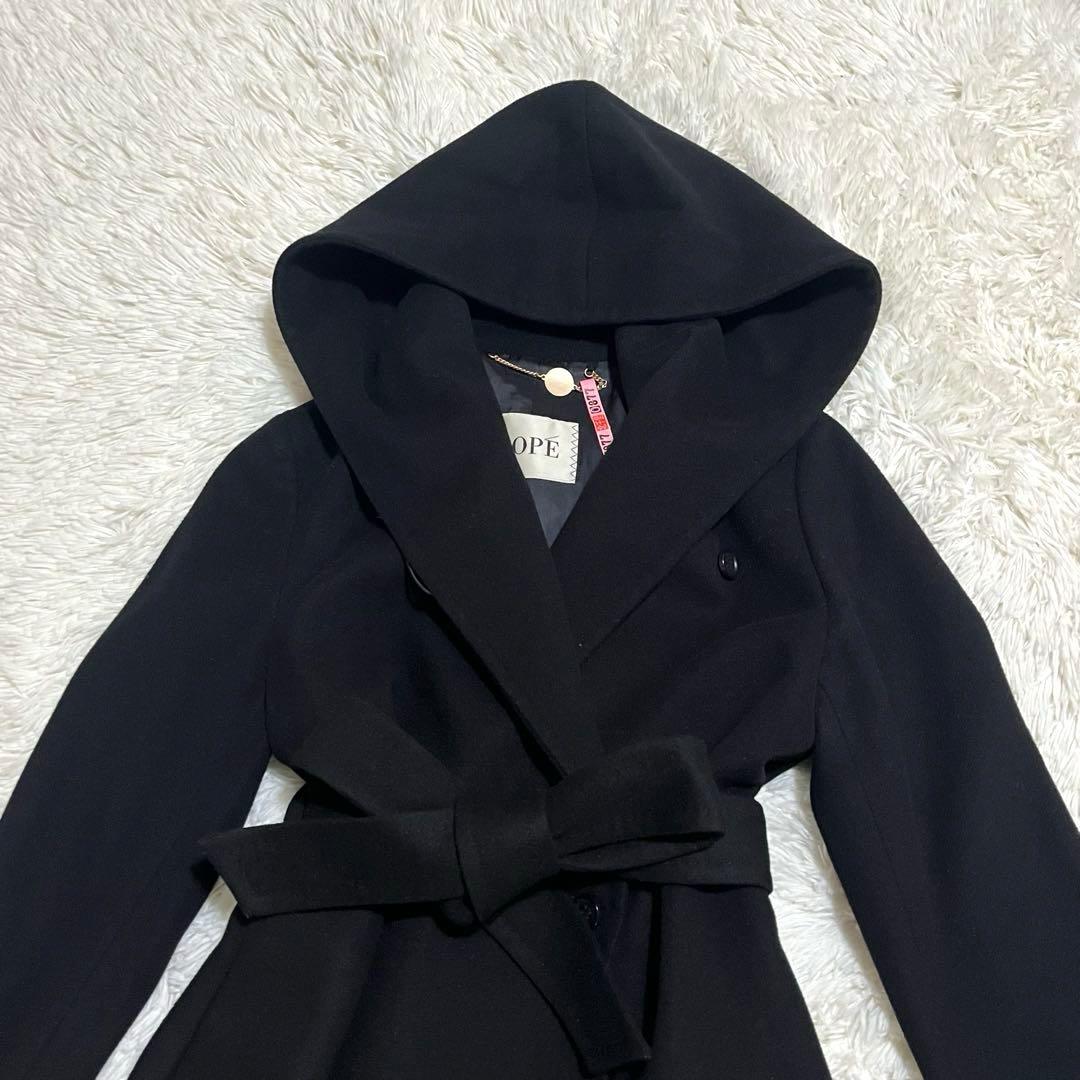 ROPE ロペ　カシミヤ混　フーデット ベルテッドコート　ロングコート　38　黒
