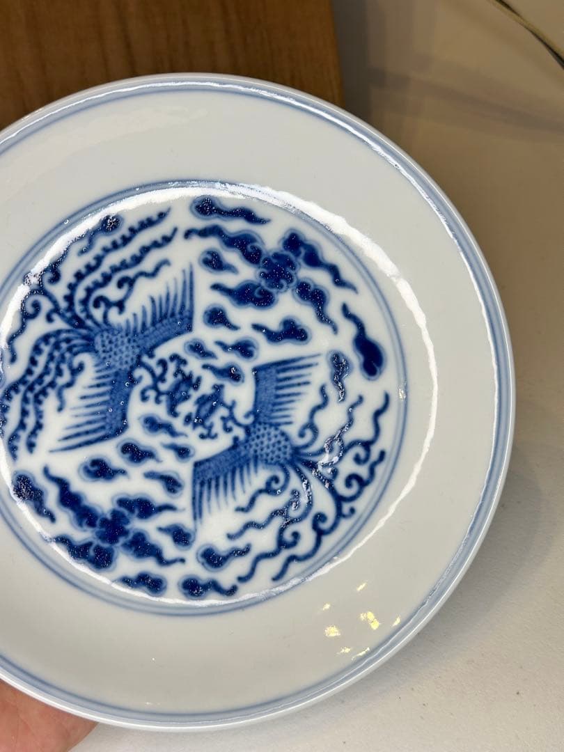 中国清代　青花染付　対頭鳳紋皿　大清道光年制　共箱共布　古陶磁　中国古美術骨董品