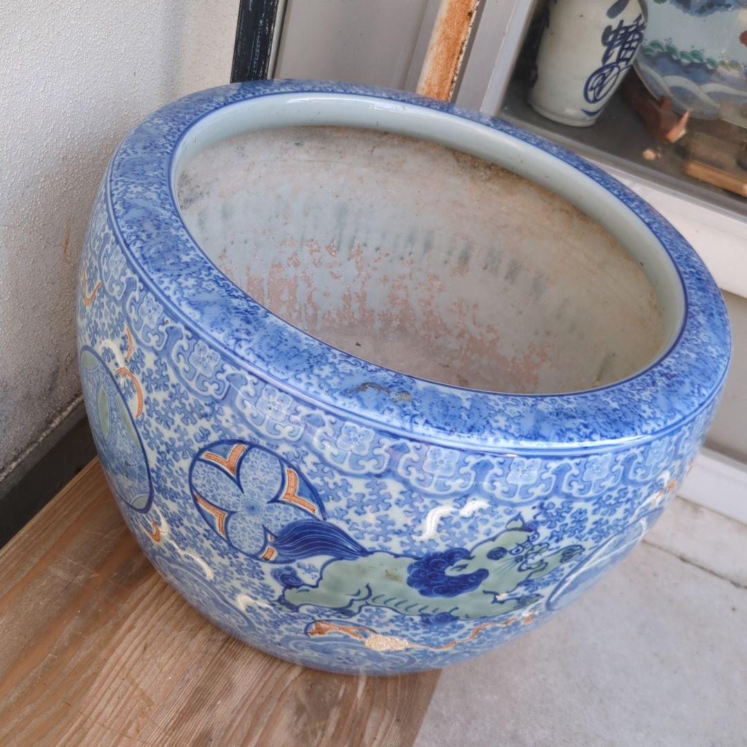 骨董 大型 火鉢 伊万里 染め付け 丸紋 睡蓮鉢 金魚 メダカ 鉢カバー