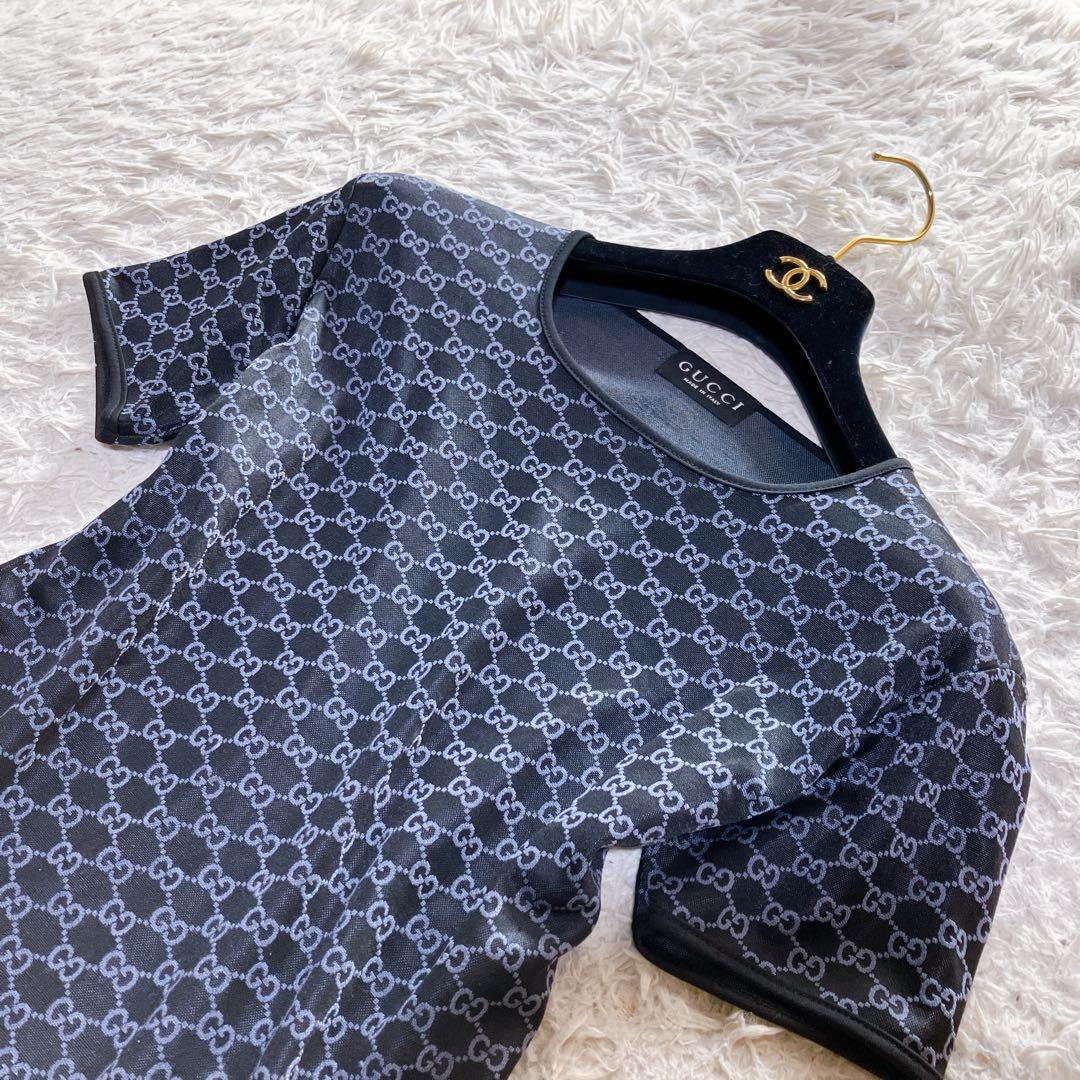 グッチ イタリア製 良品 GG柄 総柄 クルーネック カットソー ブラック