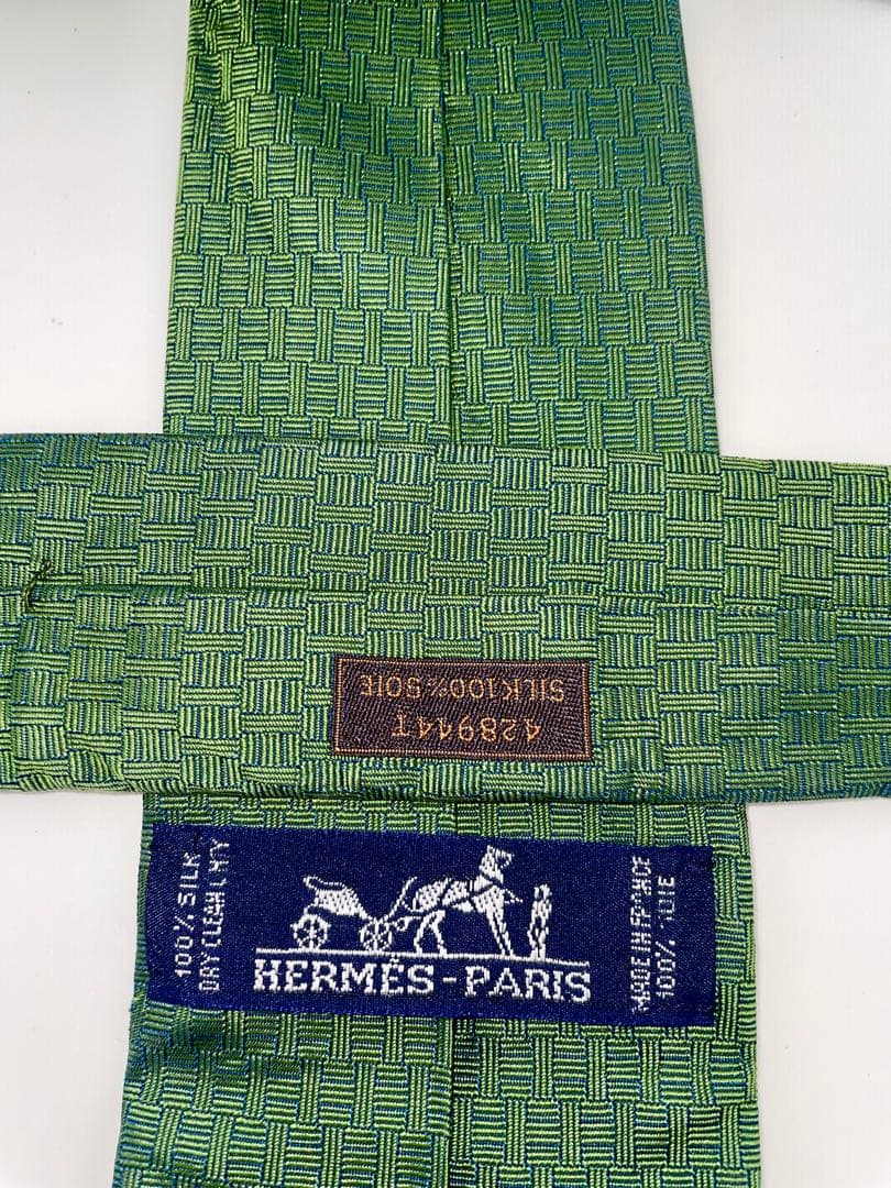 美品 エルメス ハイブランド ネクタイ ファソネ H柄 グリーン 桜柄 花柄 春