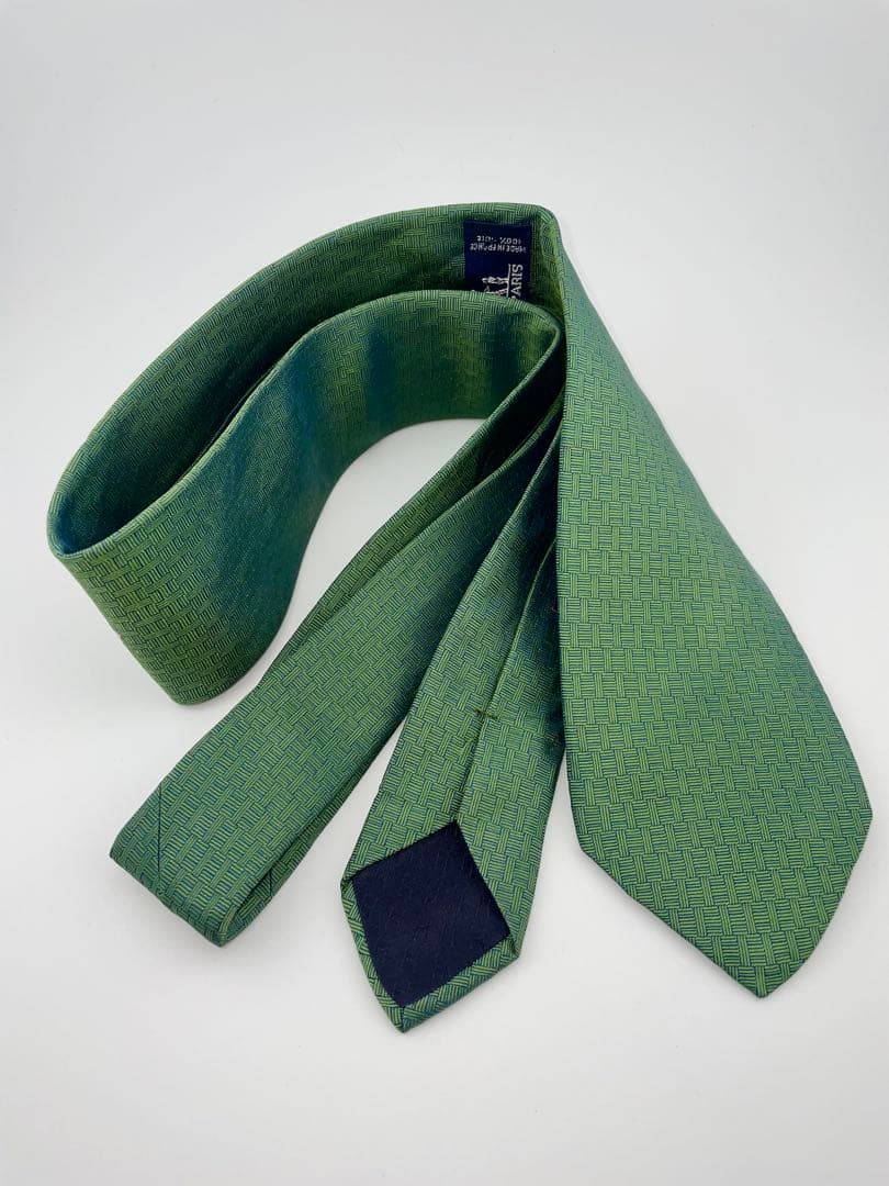 美品 エルメス ハイブランド ネクタイ ファソネ H柄 グリーン 桜柄 花柄 春