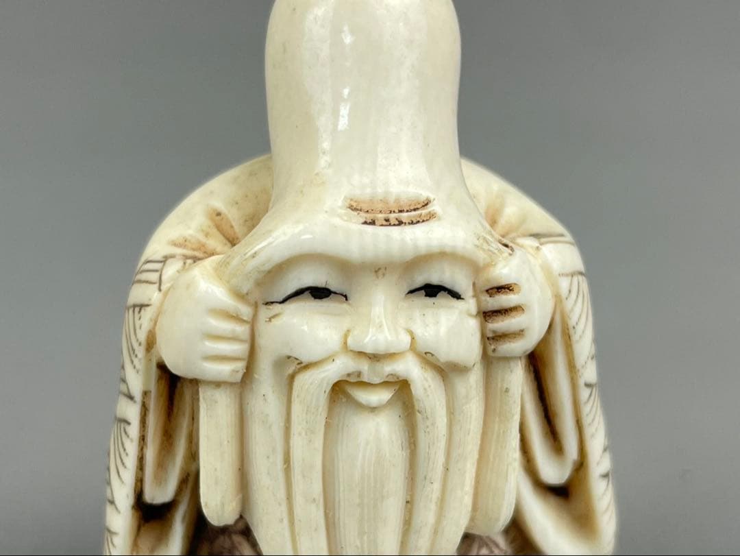 時代根付 極上細密彫り白材 マンモス牙製 作家物 中国美術 寿老人 仙人 七福神
