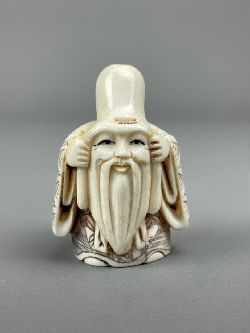 時代根付 極上細密彫り白材 マンモス牙製 作家物 中国美術 寿老人 仙人 七福神