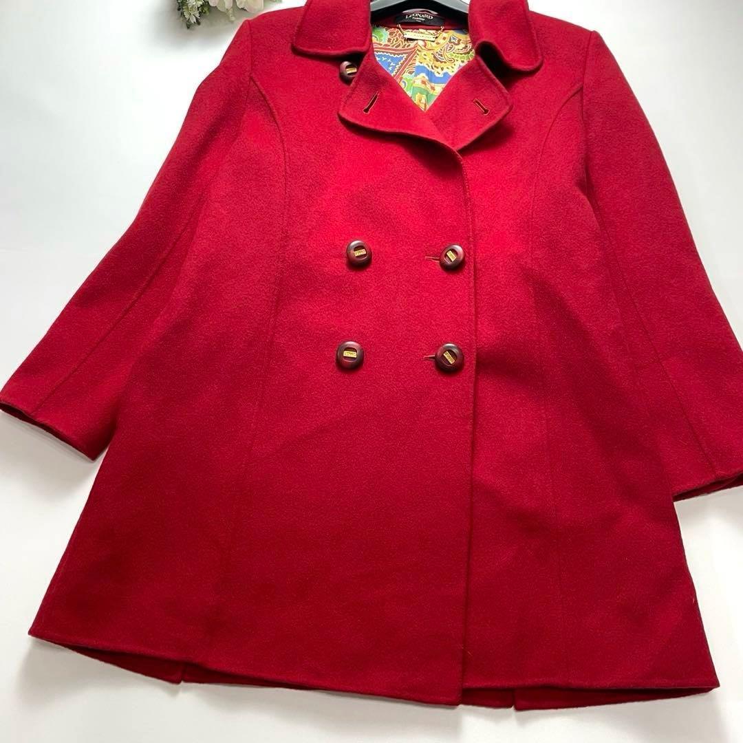 カシミヤ100%✨レオナール ロングコート シルク 総柄 赤 ロゴ入り 美品