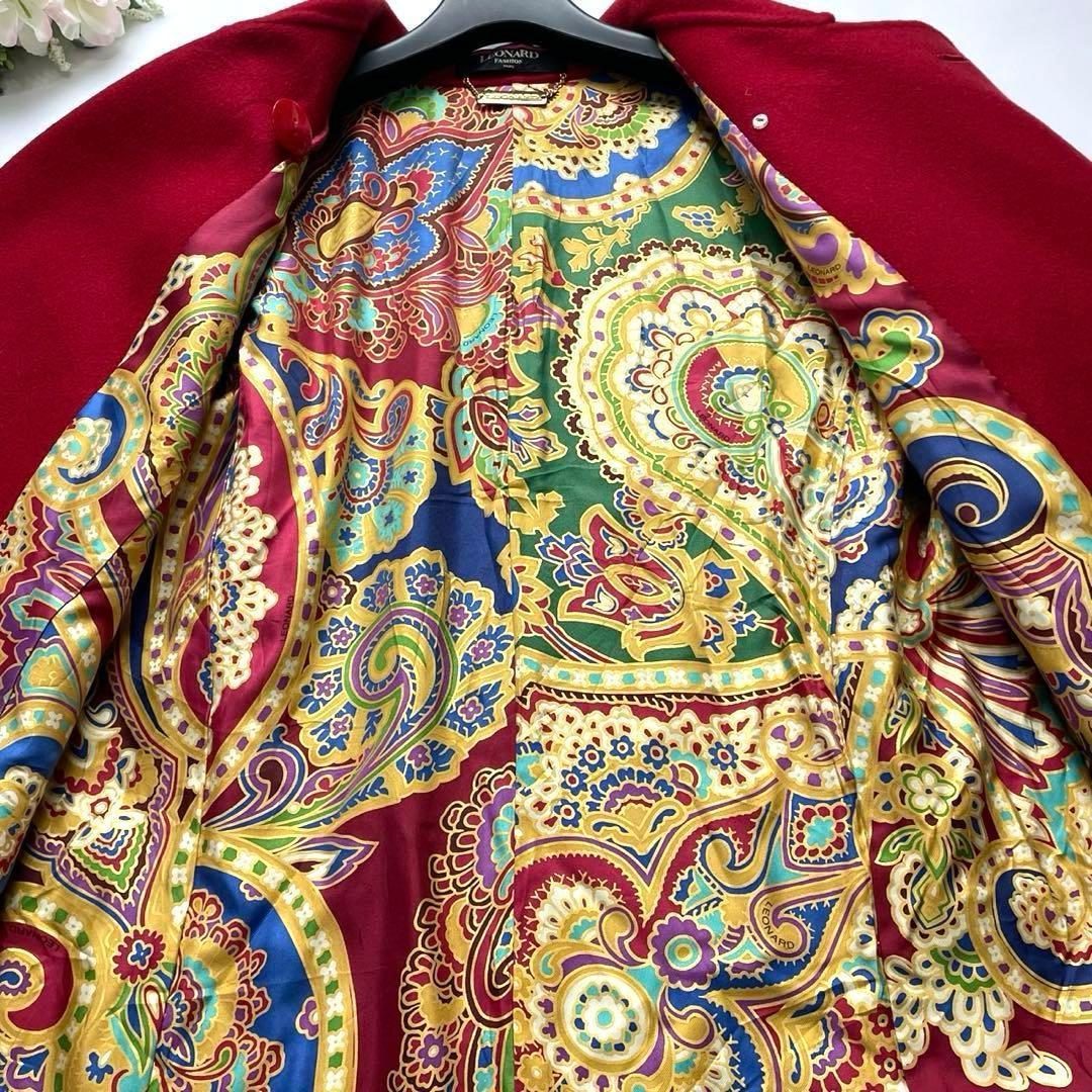 カシミヤ100%✨レオナール ロングコート シルク 総柄 赤 ロゴ入り 美品