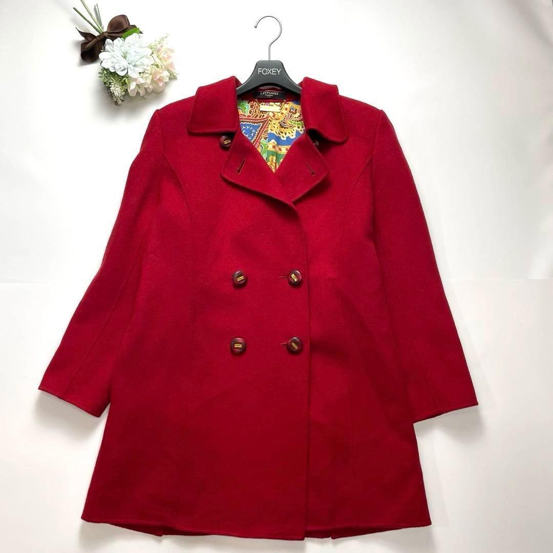 カシミヤ100%✨レオナール ロングコート シルク 総柄 赤 ロゴ入り 美品