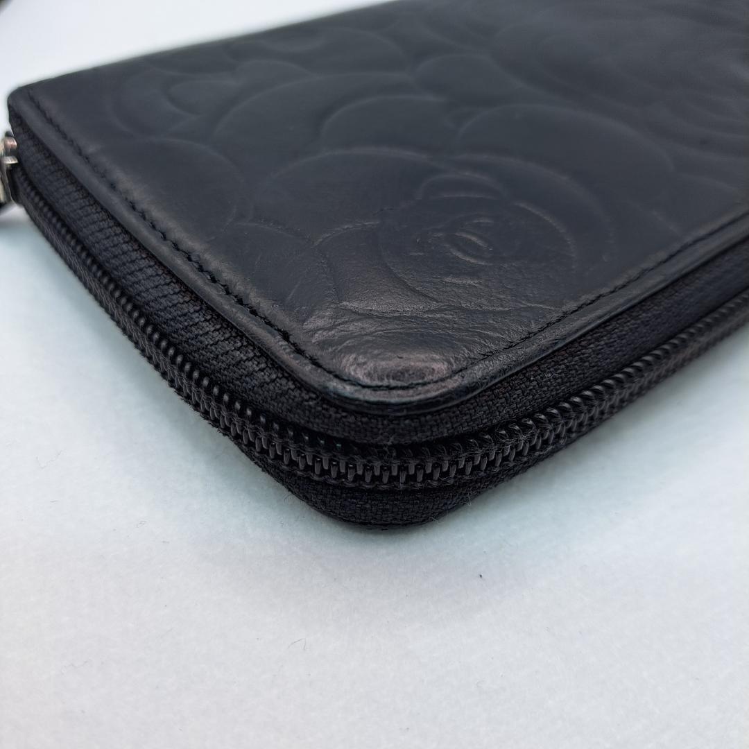 CHANEL　カメリア　ラウンドジップ　ブラック 長財布　ラムスキン