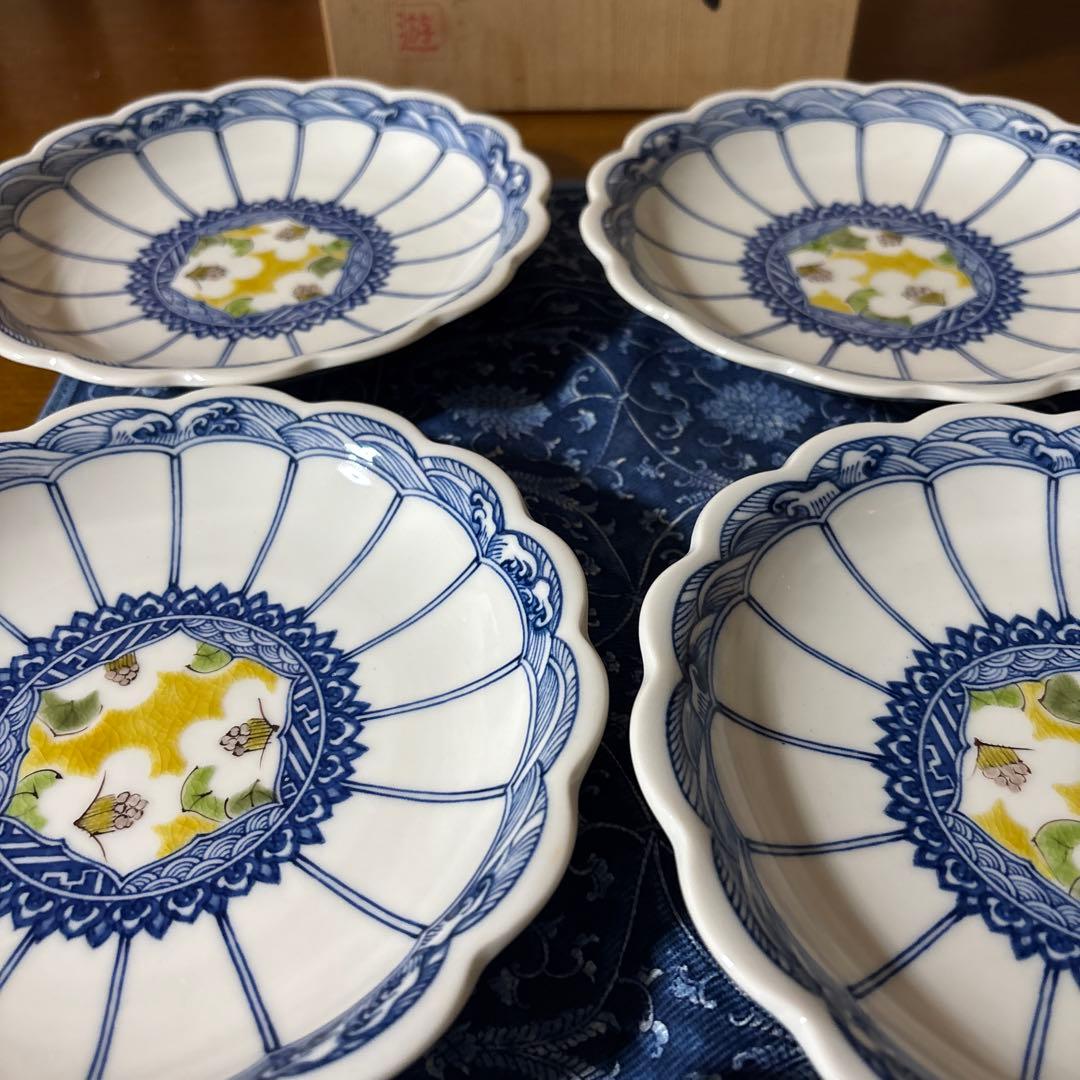 九谷焼　遊　工房色絵 遊　小高裕子さん　作家　菊割　中皿5枚