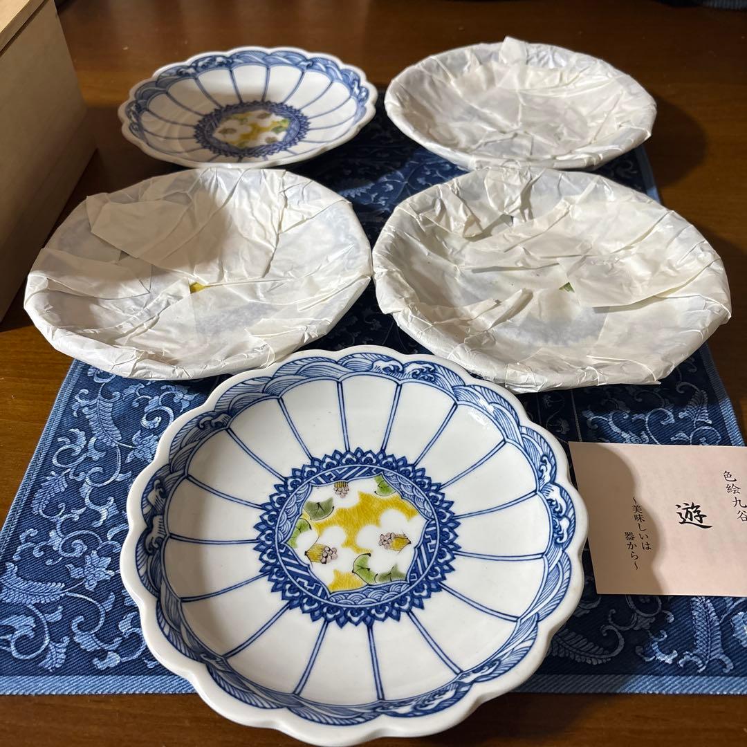 九谷焼　遊　工房色絵 遊　小高裕子さん　作家　菊割　中皿5枚