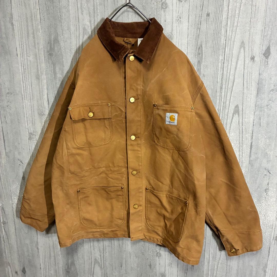 【星タグ90s】カーハート　ワンポイントロゴ　裏地なし　ダックカバーオール　44