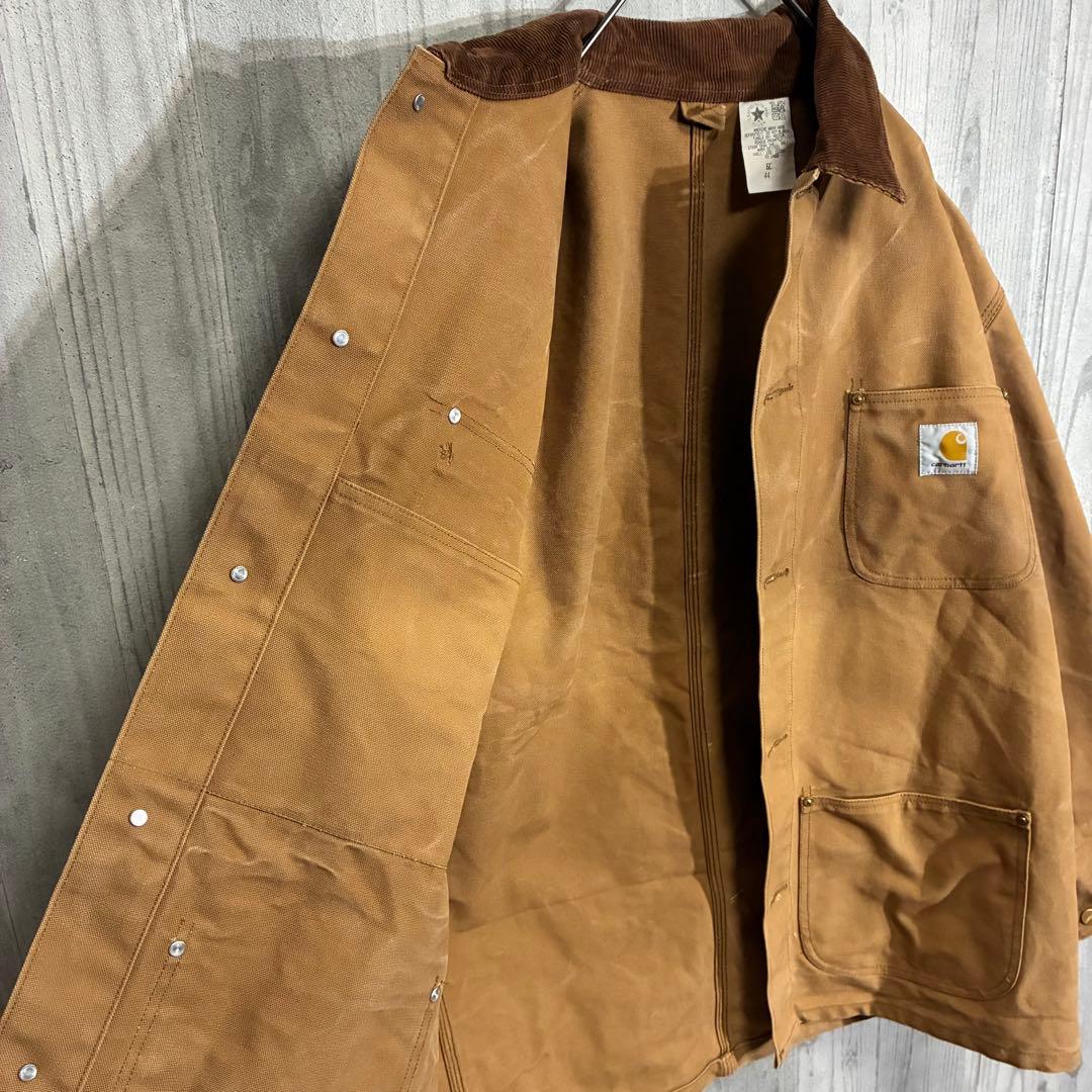 【星タグ90s】カーハート　ワンポイントロゴ　裏地なし　ダックカバーオール　44