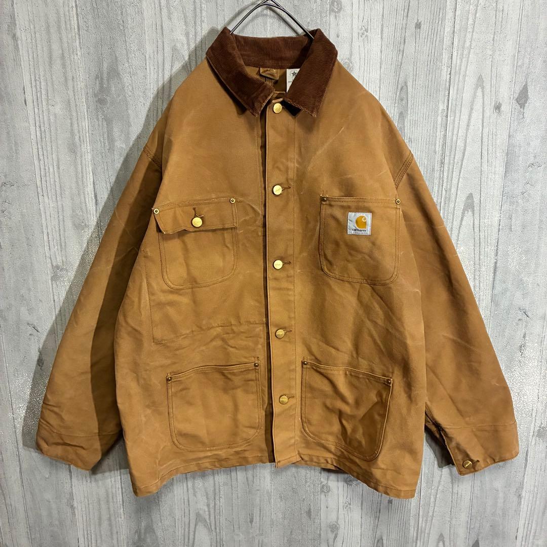 【星タグ90s】カーハート　ワンポイントロゴ　裏地なし　ダックカバーオール　44