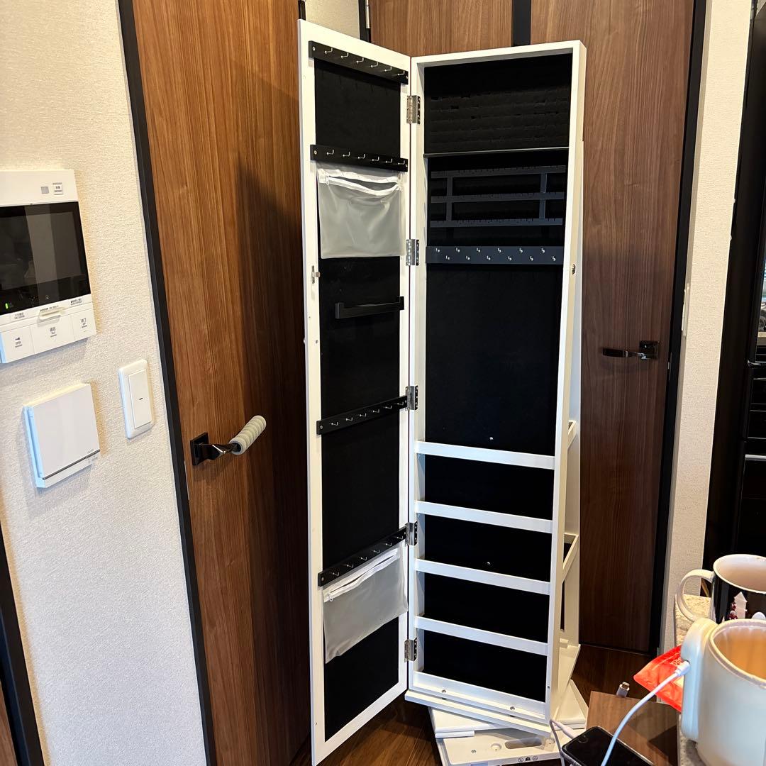 ぽんず　ホワイト スタンドミラー 収納付き　アクセサリーケース　姿見
