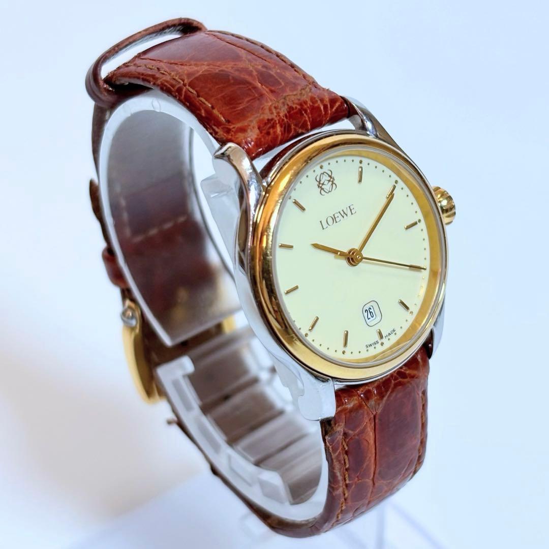 稼働品 LOEWE レディース腕時計 アナグラム デイト コンビ 純正ベルト