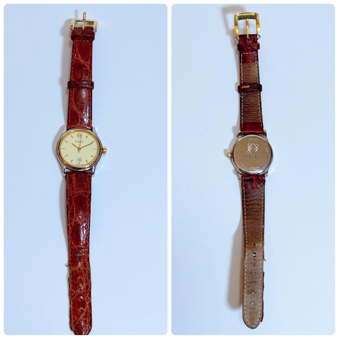 稼働品 LOEWE レディース腕時計 アナグラム デイト コンビ 純正ベルト