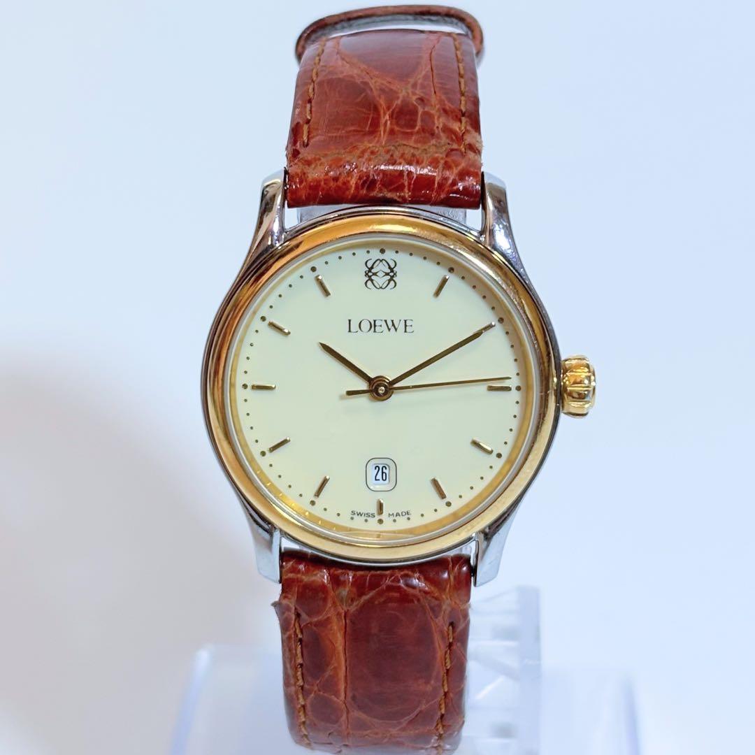 稼働品 LOEWE レディース腕時計 アナグラム デイト コンビ 純正ベルト
