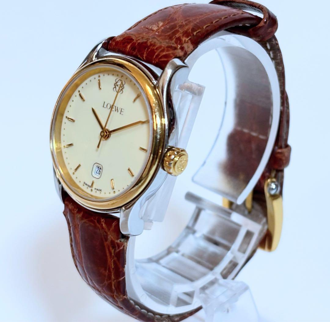 稼働品 LOEWE レディース腕時計 アナグラム デイト コンビ 純正ベルト