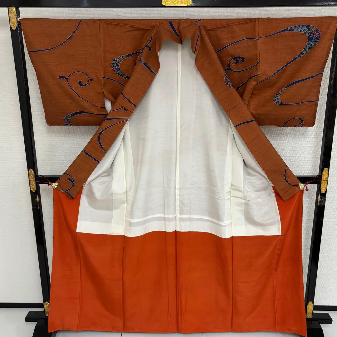 み*し様 結城紬 裄67 織りに染め 唐草模様 真綿 正絹 AK-5255