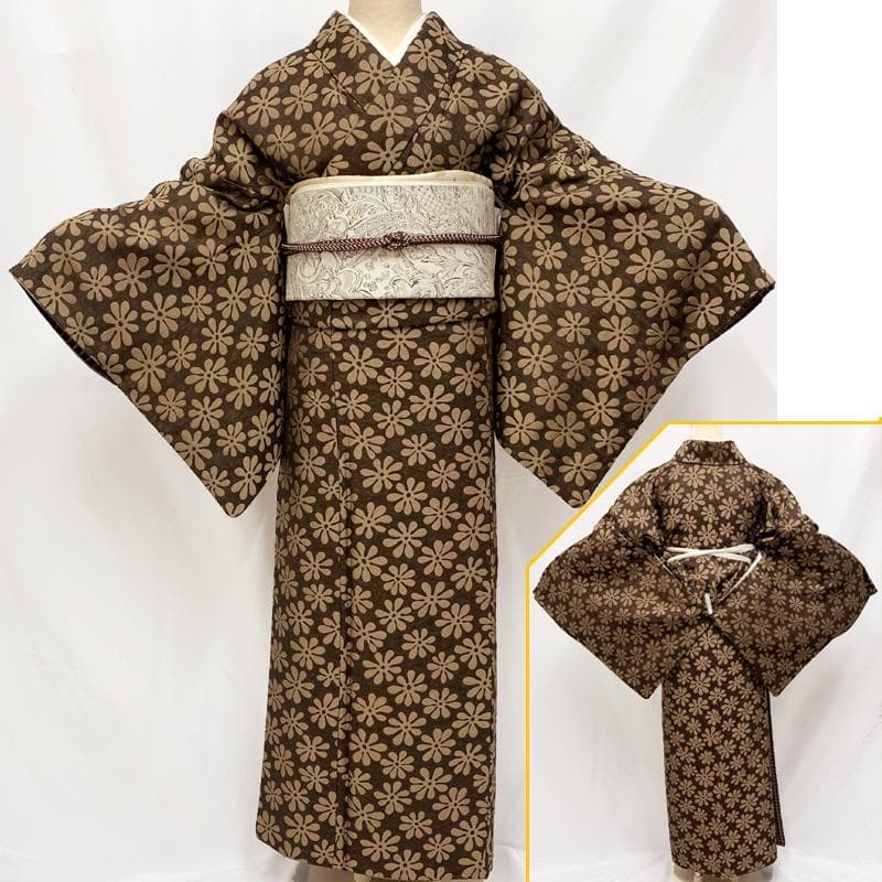 502mk12●きものやまと金ラベル ラメ糸入り 二重織物 紗×御召 濃茶●