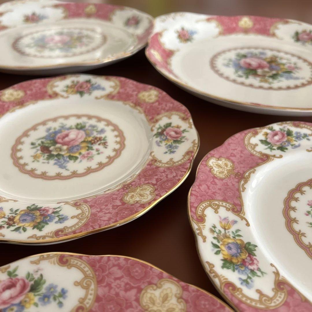 ロイヤルアルバート　レディカーライル　ピンク花柄　ケーキ皿　大2枚&小5枚セット