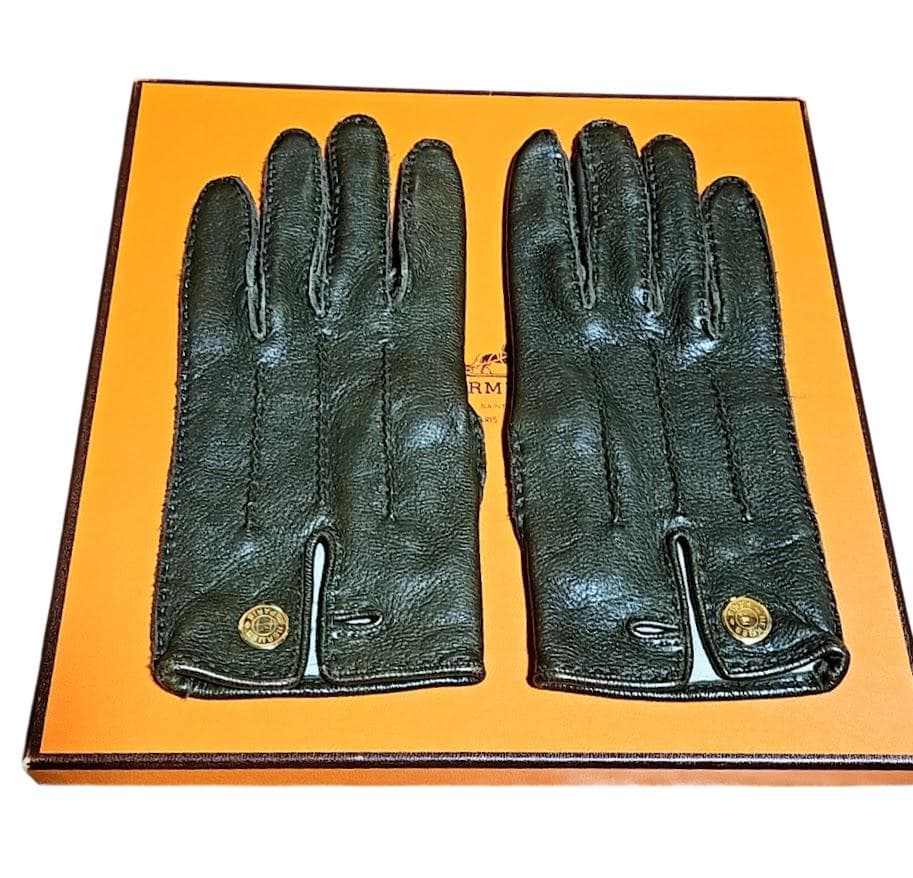 Hermes エルメス レザー手袋　カーキ色　ラムスキン　5本指 サイズ7
