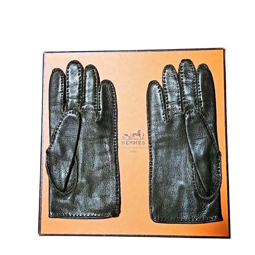Hermes エルメス レザー手袋　カーキ色　ラムスキン　5本指 サイズ7