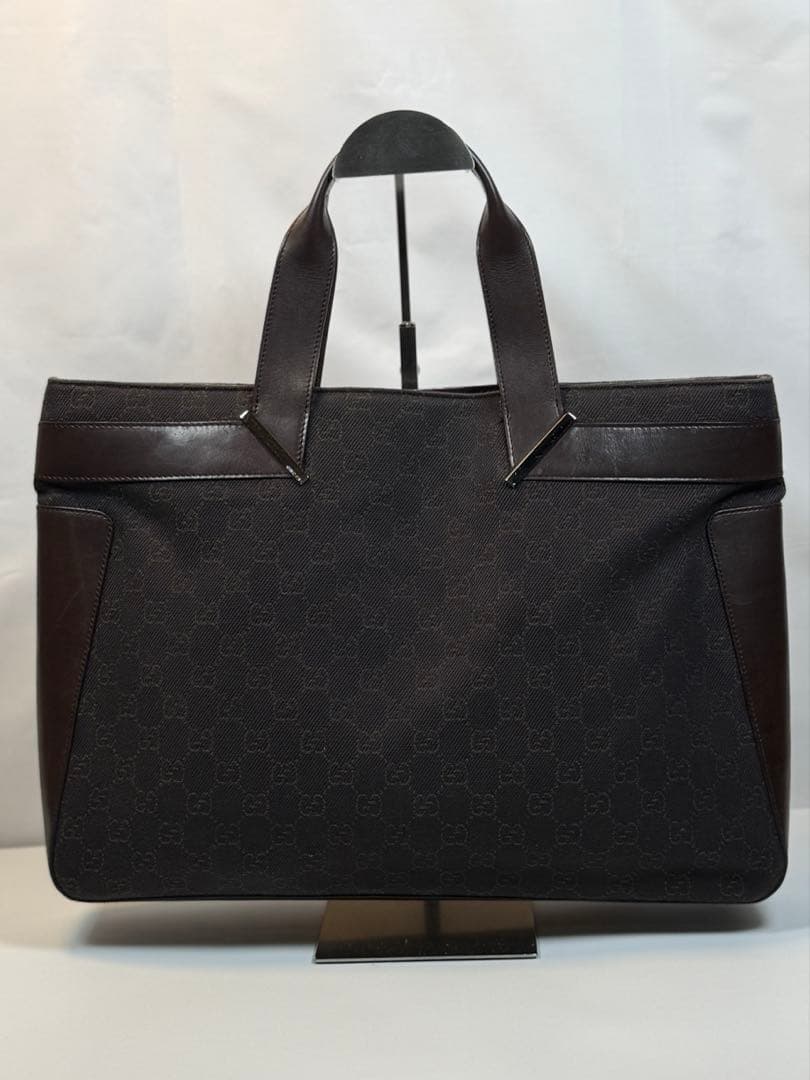 【極美品 袋付】GUCCI GGキャンバス トートバッグ ブラウンレザー正規品