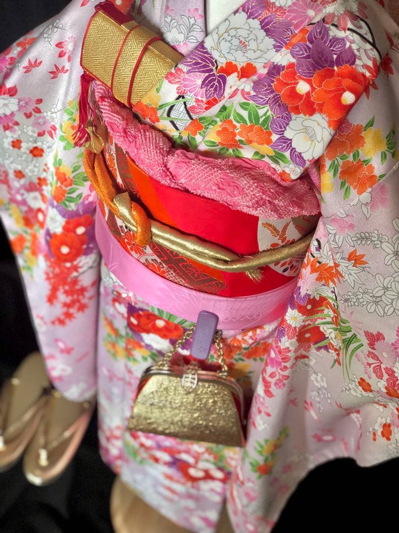 七五三　7歳　着物　作り帯　セット　女の子　7才　アンティーク　薄紫　四つ身