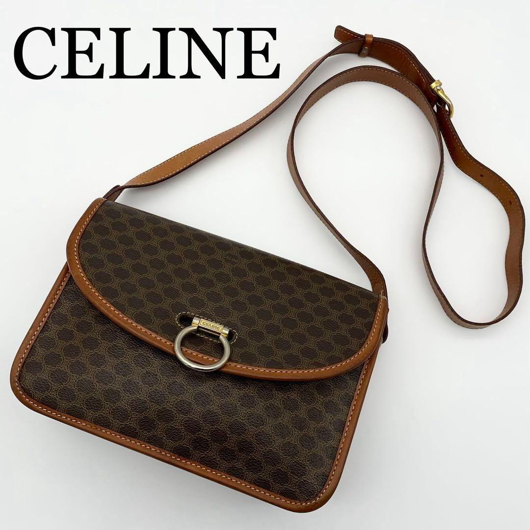 CELINE ショルダーバッグ　ガンチーニ　マカダム柄　PVC×レザー　ブラウン