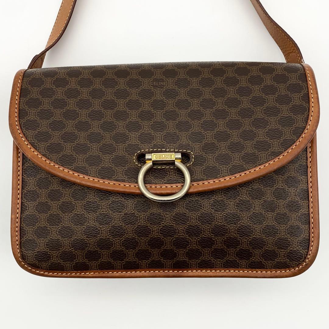 CELINE ショルダーバッグ　ガンチーニ　マカダム柄　PVC×レザー　ブラウン