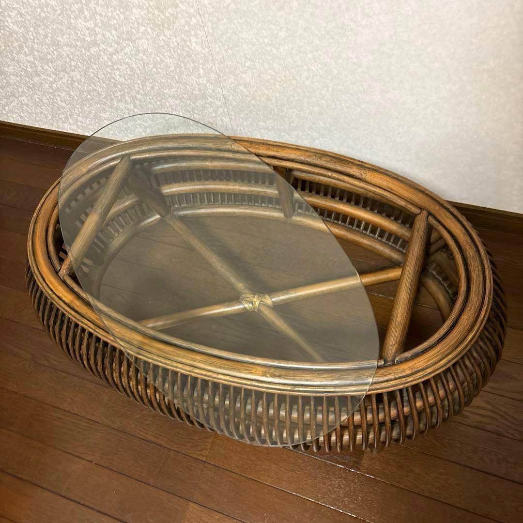 【美品】ラタン ガラス ローテーブル センターテーブル 楕円