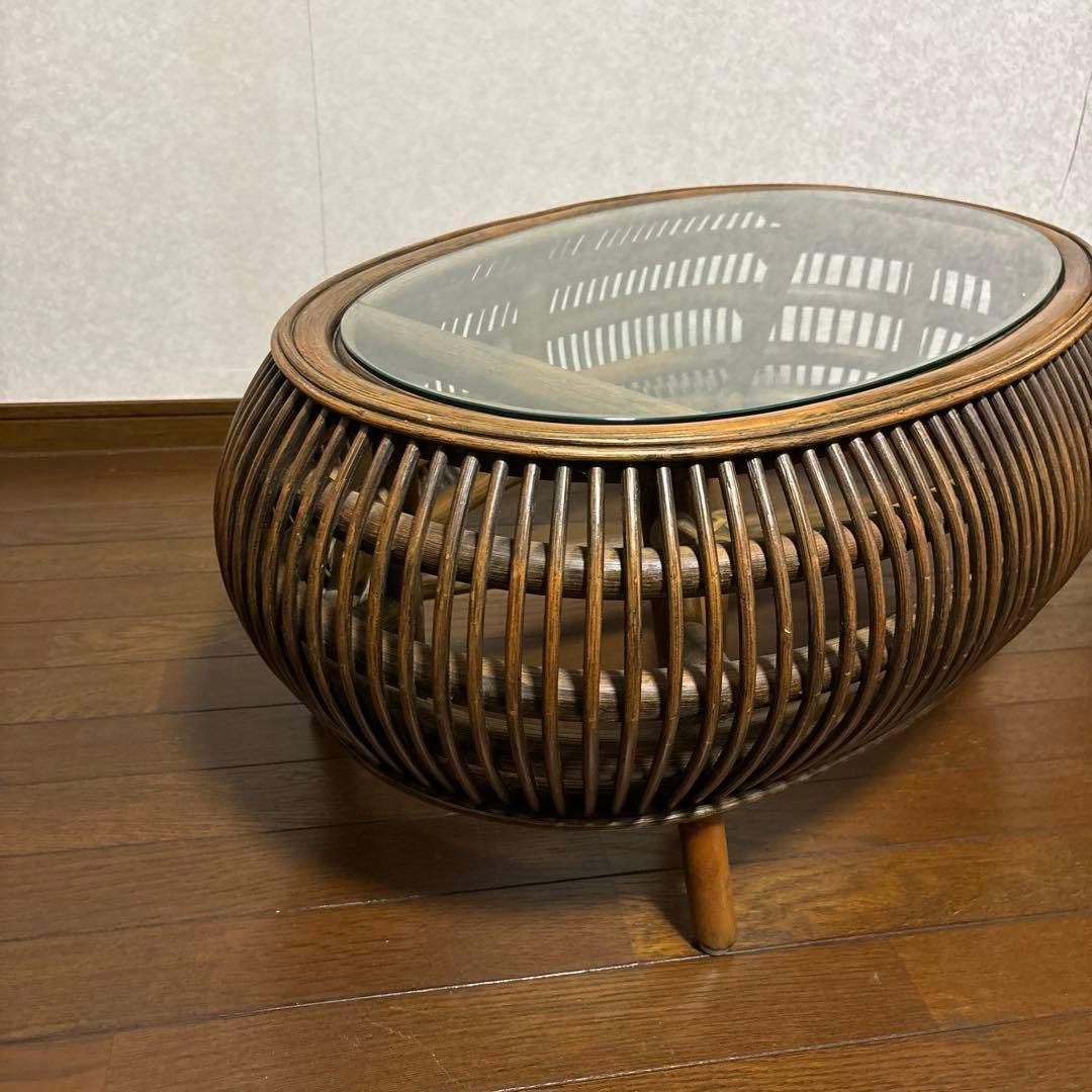 【美品】ラタン ガラス ローテーブル センターテーブル 楕円