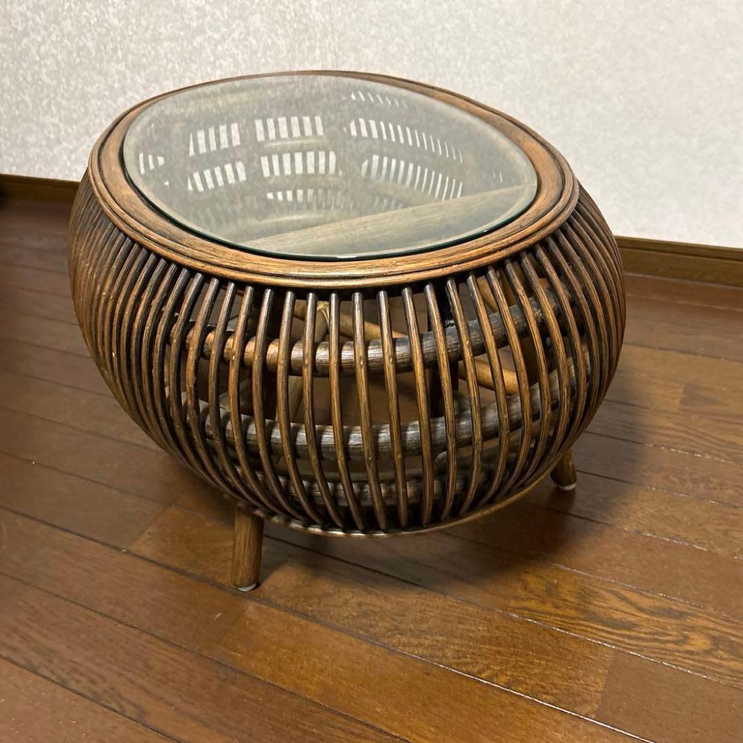【美品】ラタン ガラス ローテーブル センターテーブル 楕円