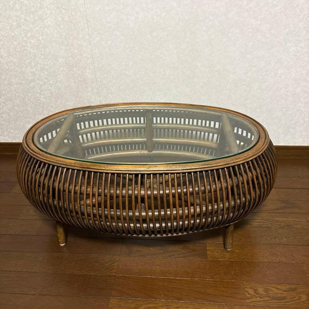 【美品】ラタン ガラス ローテーブル センターテーブル 楕円