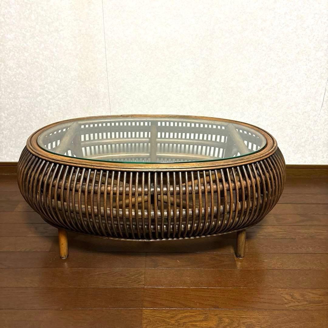 【美品】ラタン ガラス ローテーブル センターテーブル 楕円