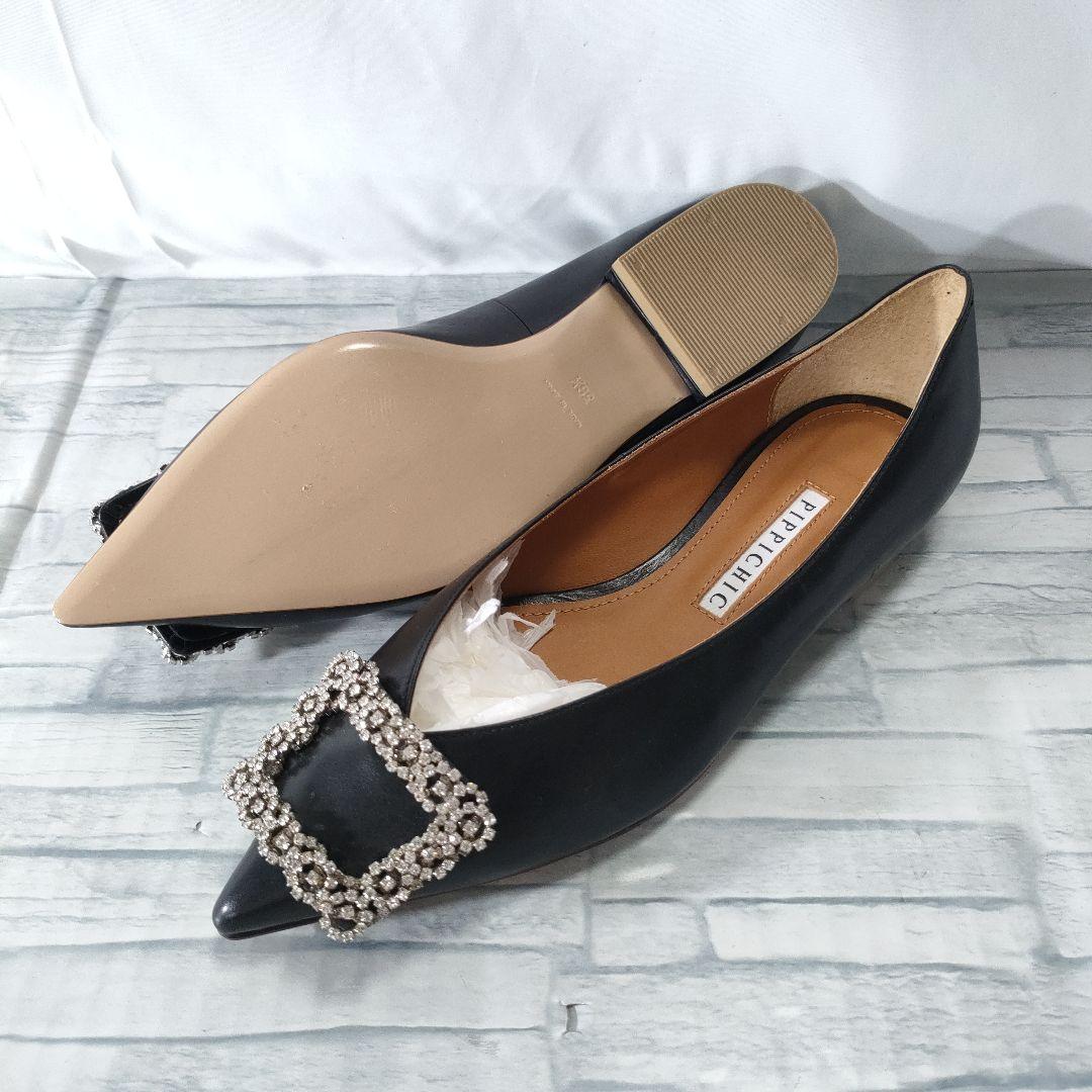 未使用品✨ピッピシック　ビジューバックル　レザーフラットパンプス　黒　36.5